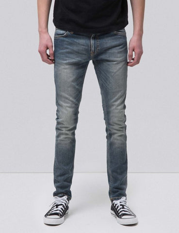 Nudie dünner Lin Jeans (Super Enge) - Mid Authentic Power Blue