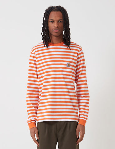 Carhartt-WIP Scotty Langarm-Taschen-T-Shirt (Stripe) - Uhrwerk Orange / Weiß