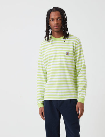 Carhartt-WIP Scotty Langarm-Taschen-T-Shirt (Stripe) - Lime Grün / Weiß