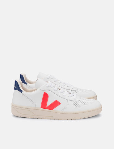 Frauen Veja V-10 Lederturnschuhe - Extra weiß / orange Fluo / Cobalt